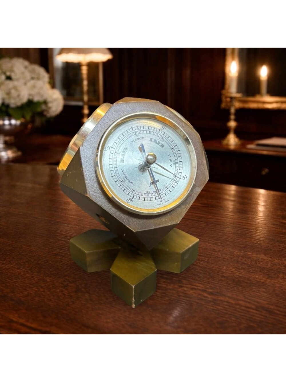Hexagonal Brass Weather Station With Barometer Thermometer & Hygrometer - Vintag